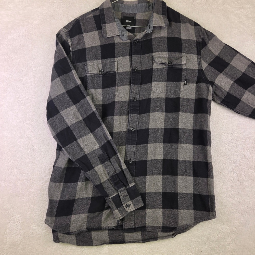 Vans Mens Grey Black Buffalo Plaid Flannel Button Down Shirt Large Classic Fit